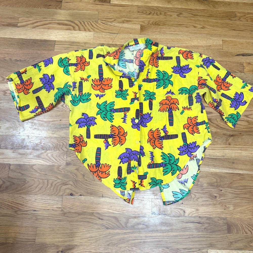 Vintage 80s LA Chic California Palm Tree Print Yellow Button Down Shirt USA Made